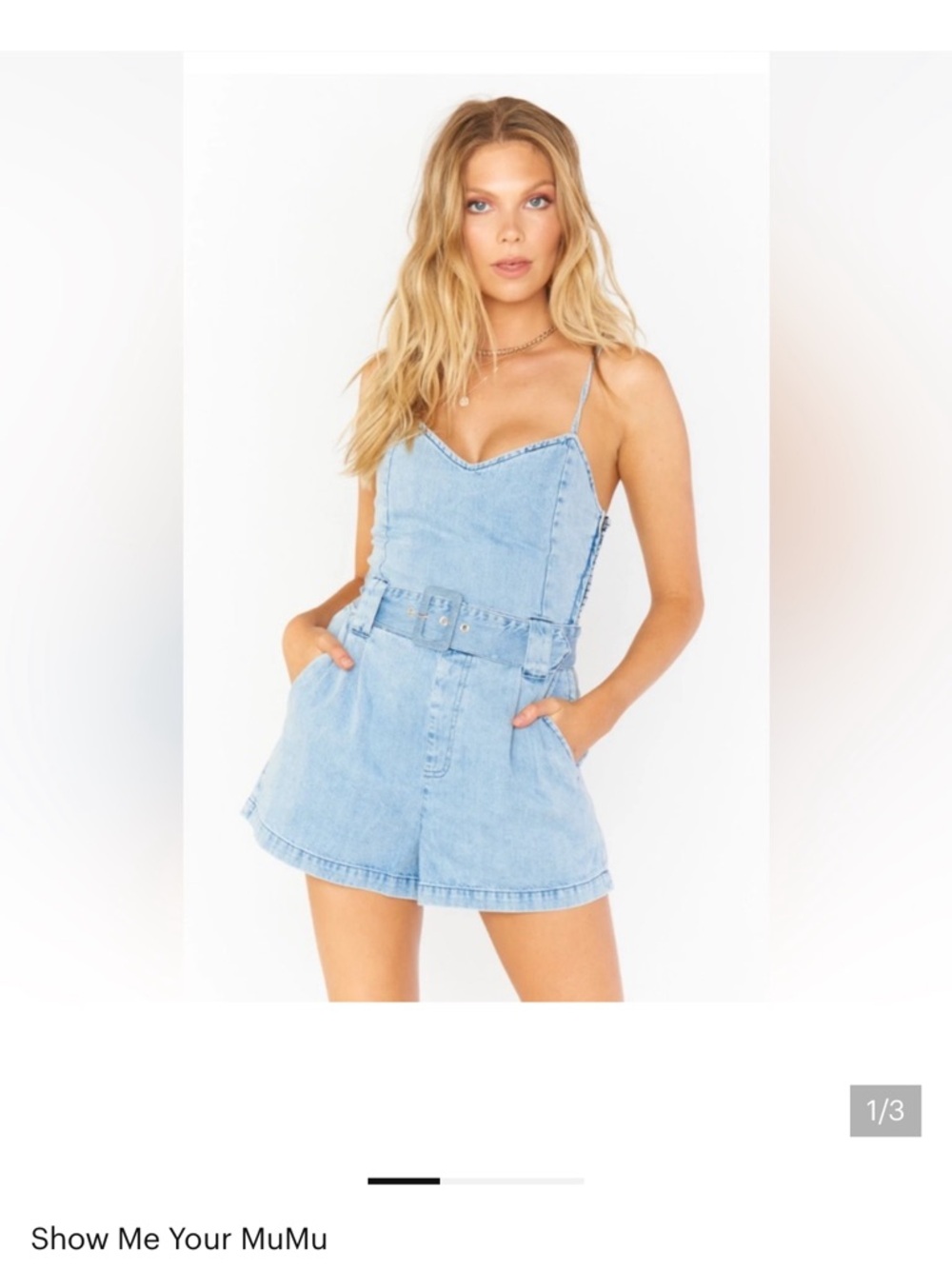 Show Me Your MuMu Light Blue Denim Romper with Belt
